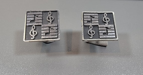 music note cufflinks silvertone metal treble cleff - image 1
