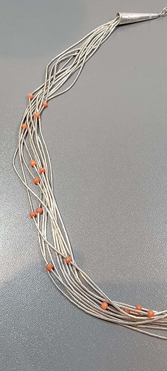 liquid silver bead necklace sterling and coral