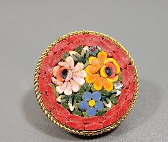 mosaic brooch red glass floral Italy grand tour style
