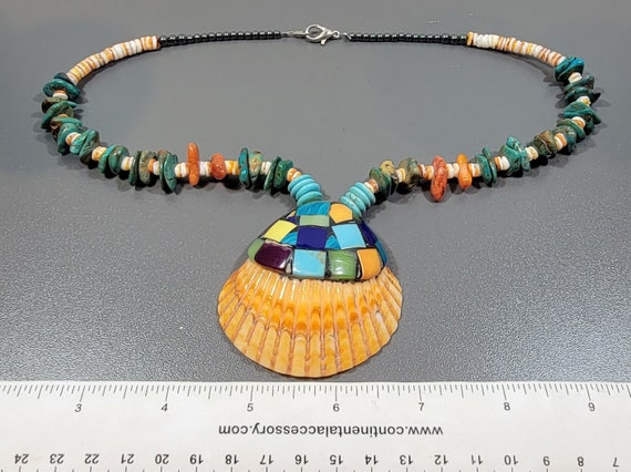 boho necklace shell pendant colorful inlay hemati… - image 2