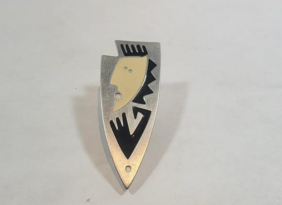 punk rock goth brooch silver tone metal enamel figure