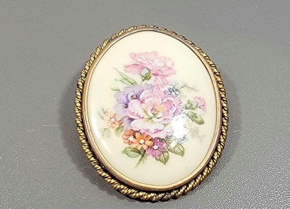 antique brooch limoges French porcelain flowers large oval pin