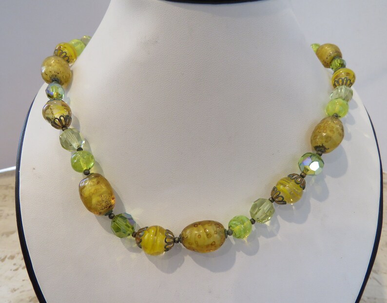 Yellow Glass Bead Necklace Acid Green Vaseline Art Glass Etsy