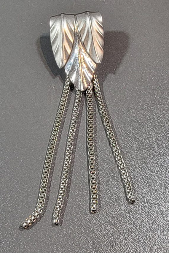 leaf brooch silver tone Long dangling chains big and bold