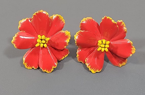 Flower blossom earrings red enamel clips bright bold