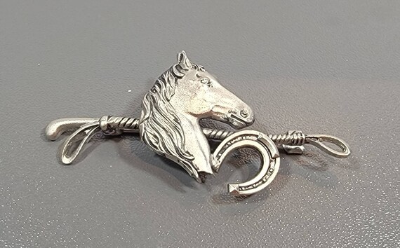 Horse brooch sterling silver whip horse shoe - image 5