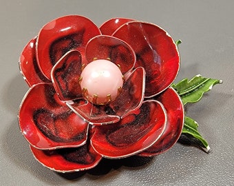 flower brooch red enamel and pink pearl center lovely large vintage