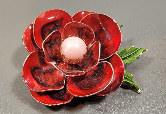 Vintage Red Enamel Flower Brooch: Large Rose with Pink Pearl