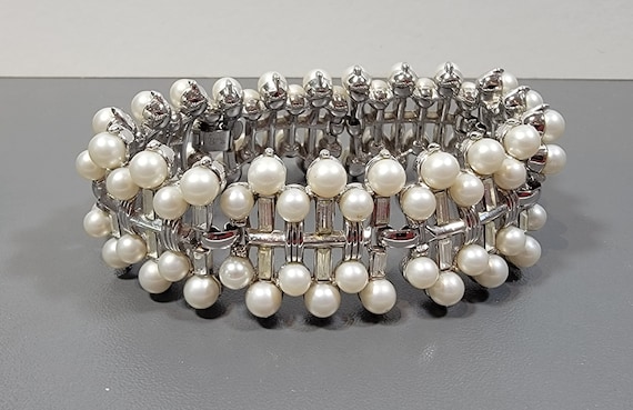 trifari bracelet pearl and rhinestones top quality wide shiny wedding worthy