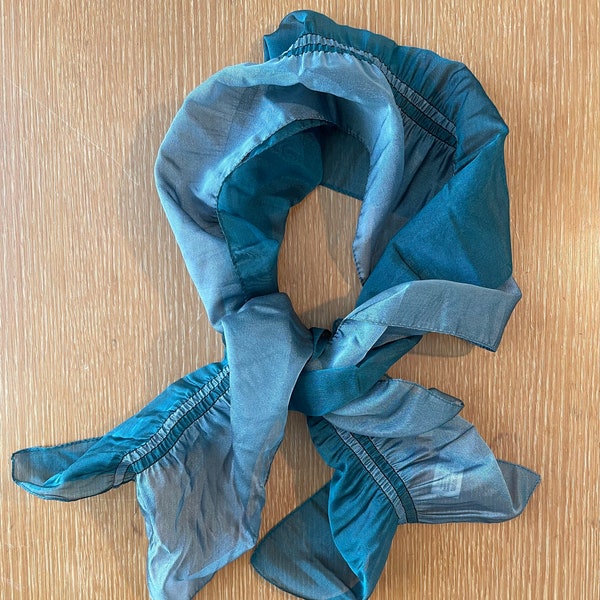 French ruffles scarf Teal and silvery green oblong scarf, Made for Decours Paris, France Made in Italy