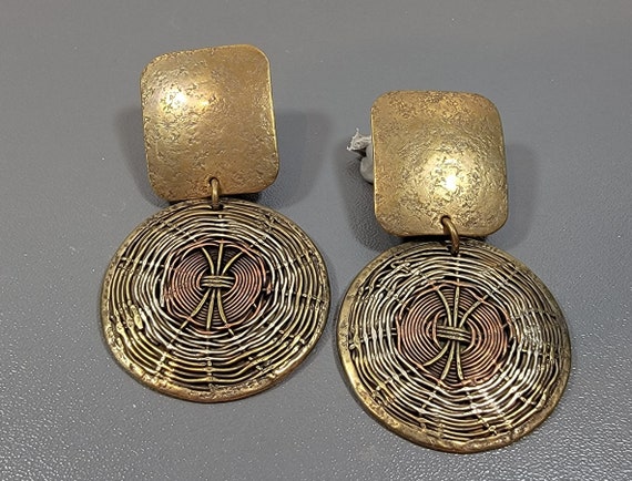 Brass earrings modernist spider web motif mbsf cl… - image 1