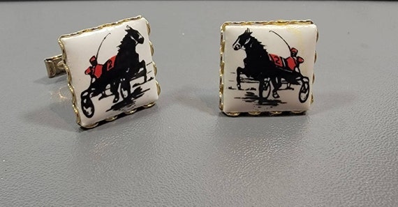 horse cufflinks gold plated trotter sulky race track