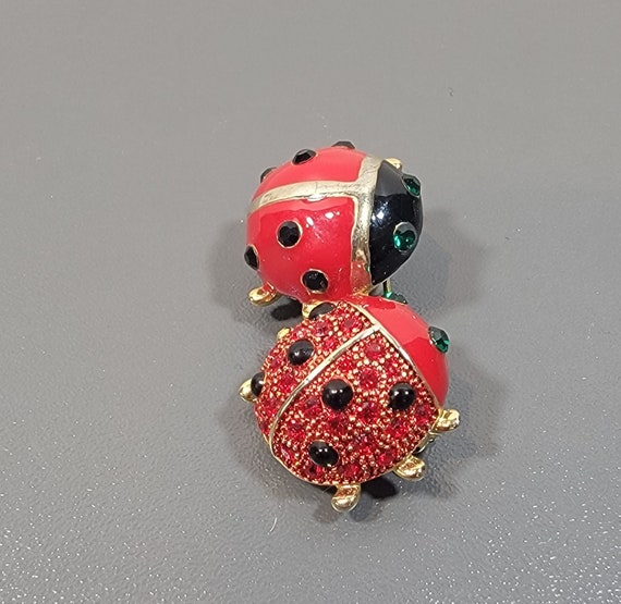 ladybug brooch enamel rhinestones gold tone metal