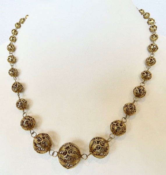 Filigree bead necklace graduated gold washed ster… - image 5