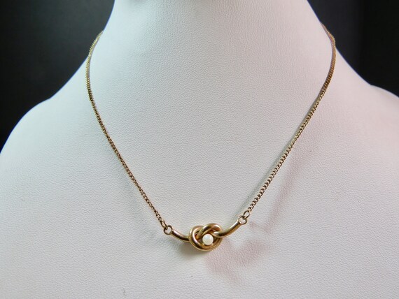 Lover's knot necklace yellow gold filled dainty pendant Cultured pearl