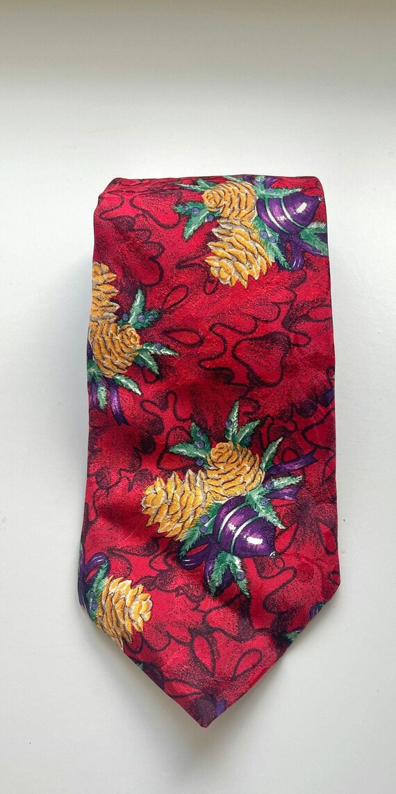 holiday tie pinecones and Christmas ornaments ugly sweater red silk