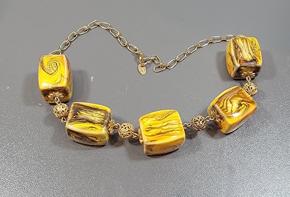 boho bead necklace yellow beads gold tone chain