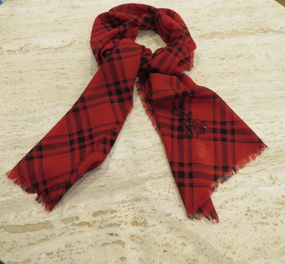 Ralph Lauren Soft Wool buffalo plaid Scarf with black rhinestone RL and crown logo