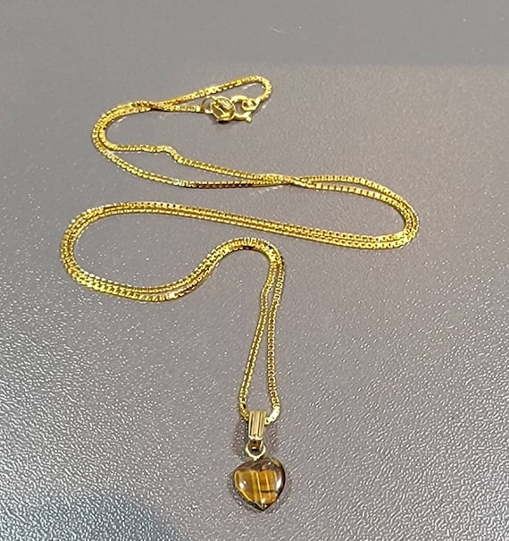 Heart pendant yellow Gold filled sterling chain tiny tigers eye pendant