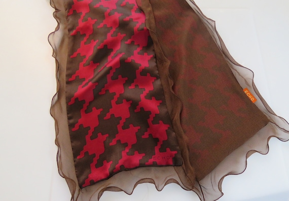 Brown Silk Houndstooth Scarf Red and Brown Rectangular Echo Sheer Silk