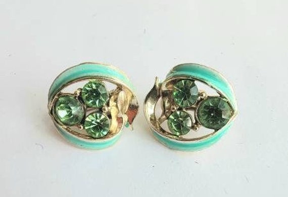 Green earrings clip on green rhinestones - image 1