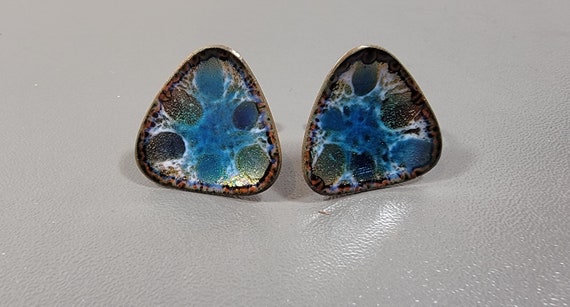 copper earrings vintage mcm enamel hogan bolas blue abstract triangular