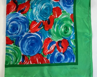 Roses Silk Scarf Bold Green Red and Blue Square Scarf Abstract Flowers Ann Taylor