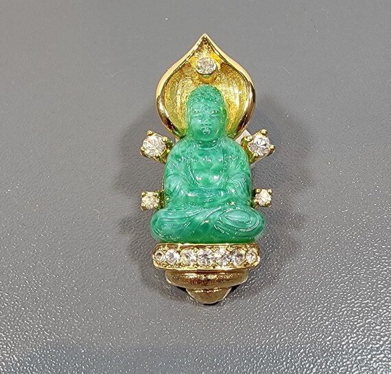 buddha brooch rhinestones green faux jade - image 3