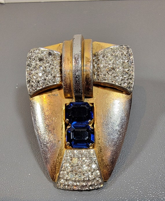 Antique brooch art deco clip rhinestone pave blue glass sapphire