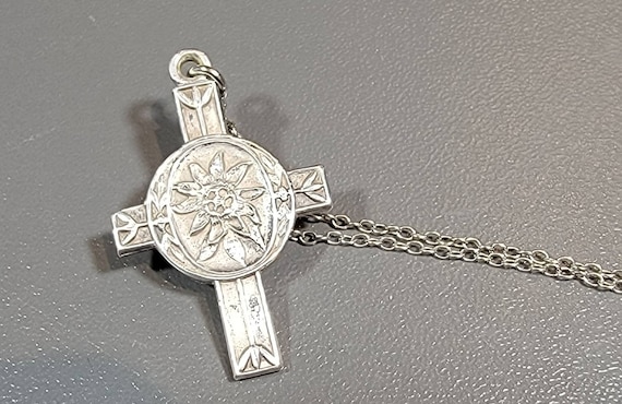 saint christopher medal cross shape edelweiss flo… - image 2