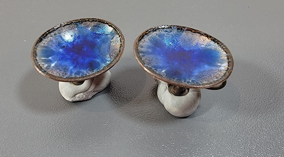 copper earrings vintage mcm enamel hogan bolas blue abstract oval