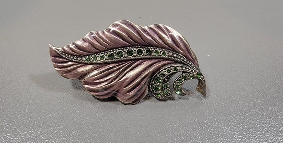 french leaf brooch deco revival green rhinestones enamel