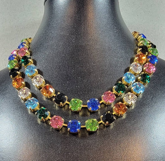 swarovski necklace bold two strands Pink Blue green pastels