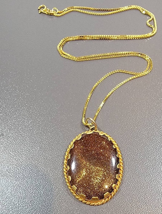 antique goldstone necklace oval glass pendant victorian style