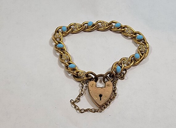 antique bracelet heart clasp gold filled Victorian turquoise glass stones