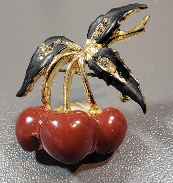 cherry brooch three shiny fruits on a stem small scatter pin