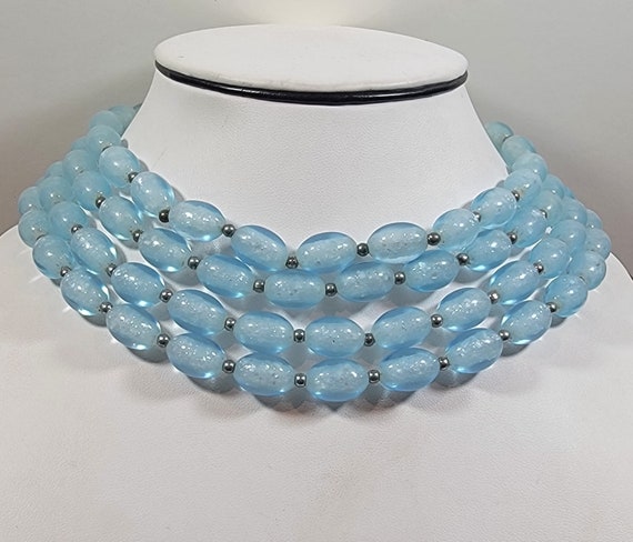 trifari necklace four strands blue plastic beads vintage