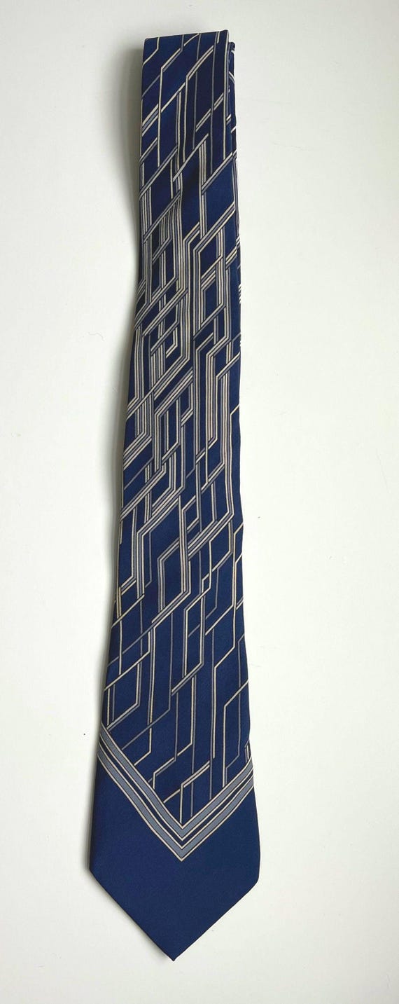 Lanvin tie Silk Blue, White, Grey Geometric Design Made in France vintage slim
