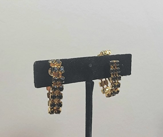 blue Rhinestone earrings dangle hoops eternity style clip ons