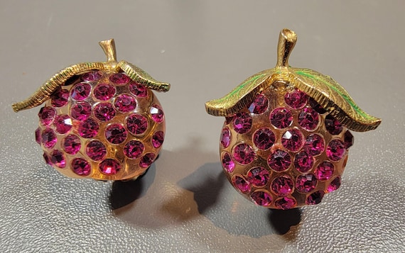 Cherry earrings clip on lucite rhinestone forbidden fruit