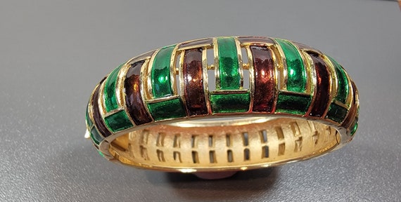 trifari bracelet bangle green and brown enamel - image 1