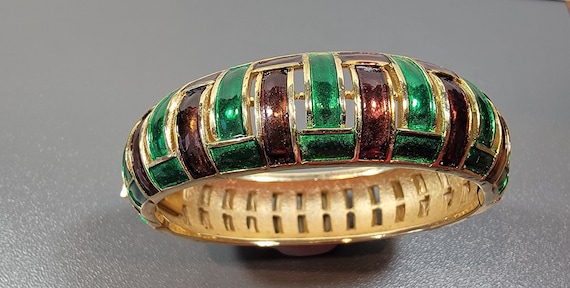 trifari bracelet bangle green and brown enamel