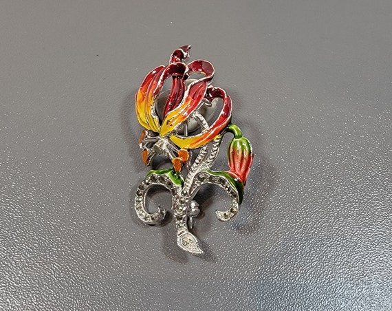 Flower brooch enamel orchid orange red yellow marcasite rhinestone