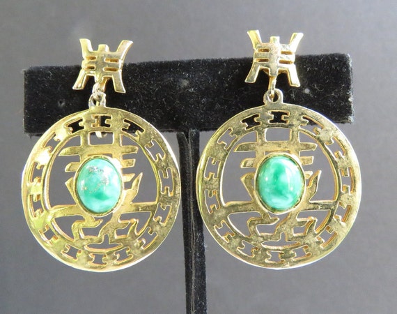 Green glass earrings Fake jade cabochons Asian Da… - image 3
