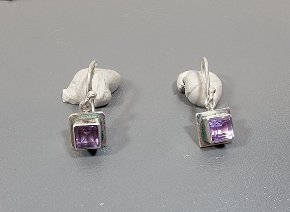 Amethyst earrings sterling silver square dangles