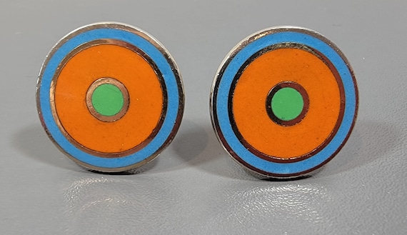 orange enamel cufflinks round discs blue and green