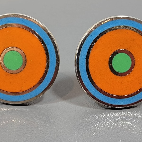 orange enamel cufflinks round discs blue and green