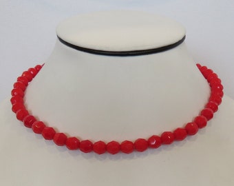 red glass bead necklace faceted opaque red crystal beads adjustable choker