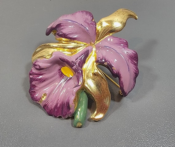 orchid brooch base metal enameled Stella Dallas radio drama swag