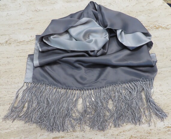 Large silk two color silver grey fringed scarf si… - image 5